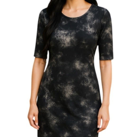 SMASHED LEMON Black Splatter Print Sheath Dress 1/2 Sleeve Midi Cosmic Space 8 - Picture 1 of 9